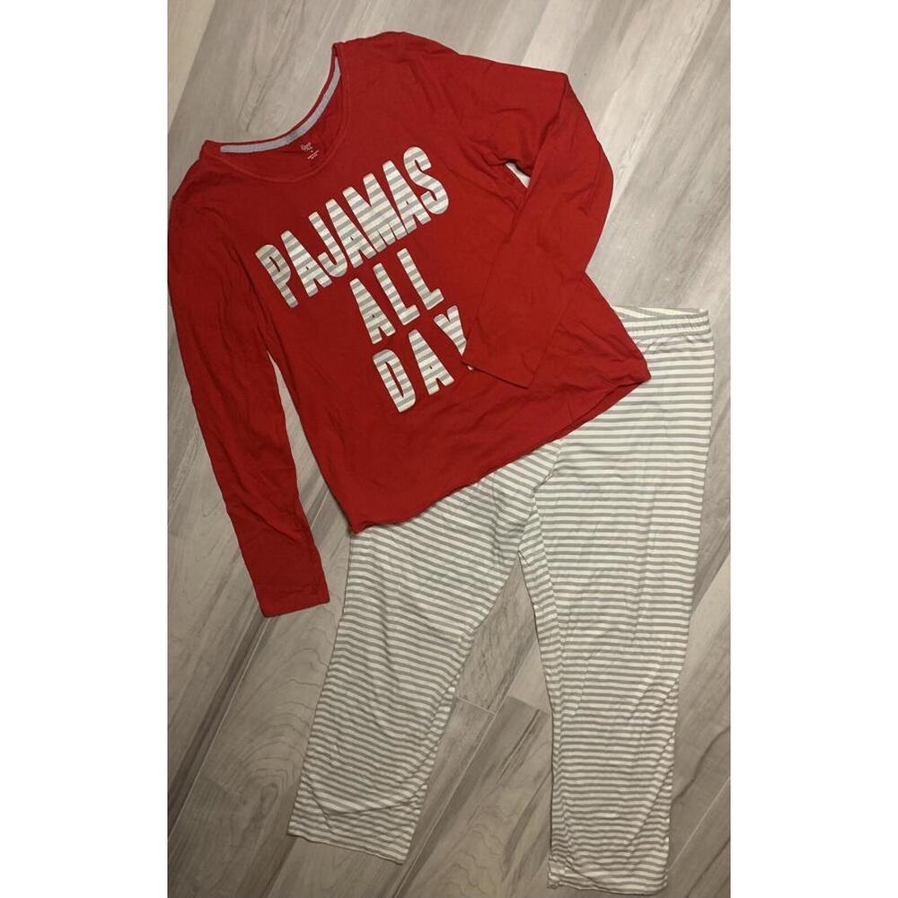 Sleep Chic “Pajamas All Day” Pajama Set sz M Red Gray Striped Cotton Womens